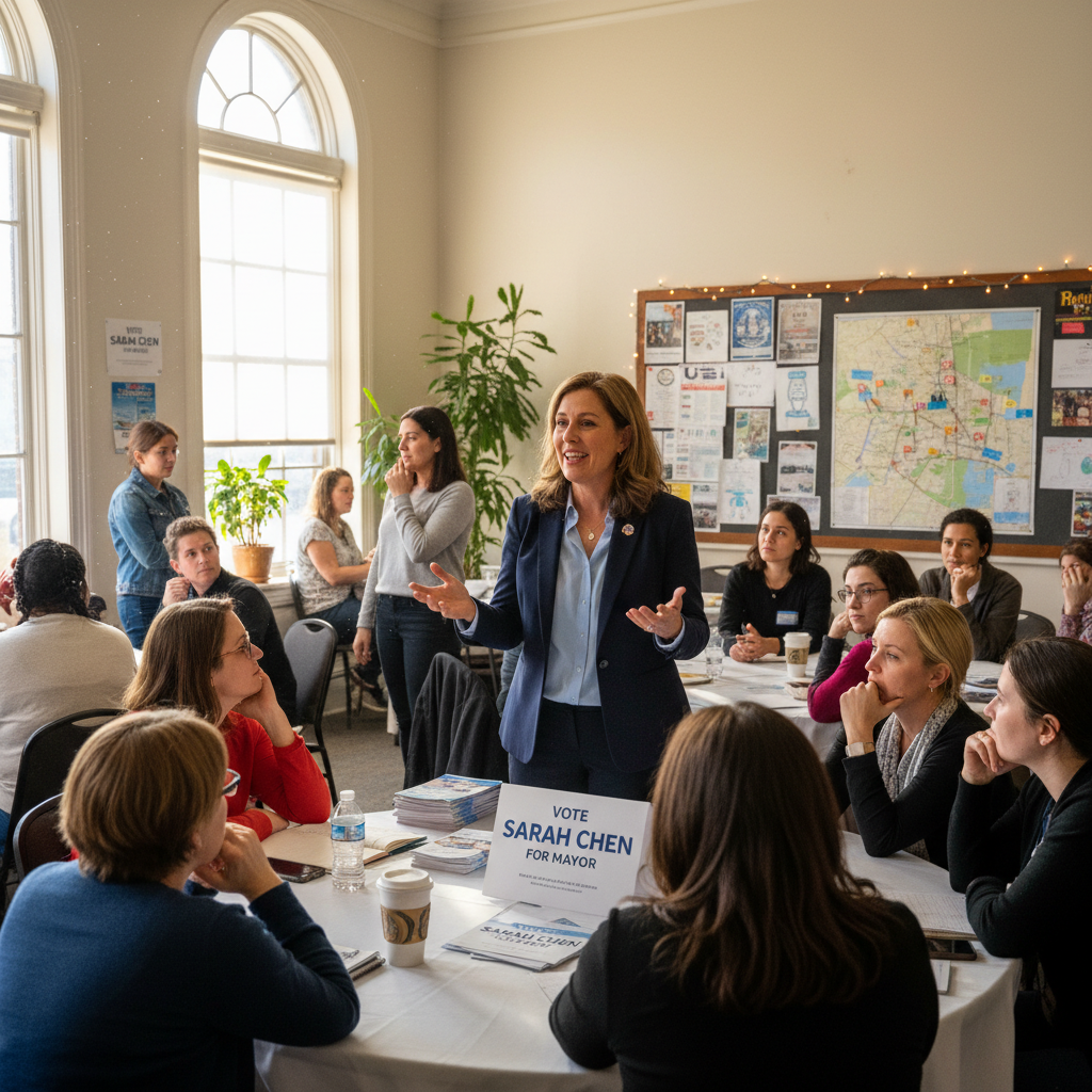 Local mayoral candidate meeting with community members at town hall discussing local issues and campaign platform