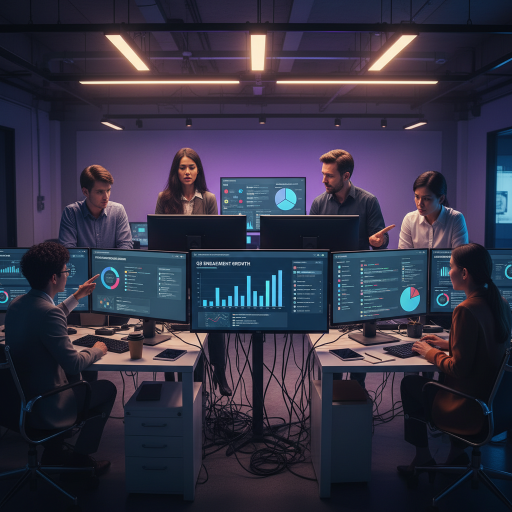 Political action committee meeting with strategists reviewing campaign analytics and voter engagement data on digital screens