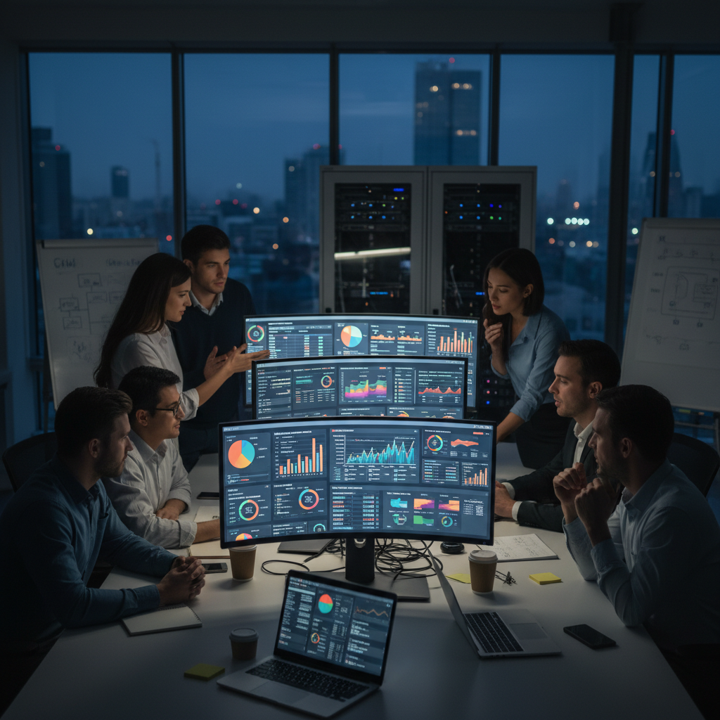 Political action committee meeting with strategists reviewing campaign analytics on digital screens