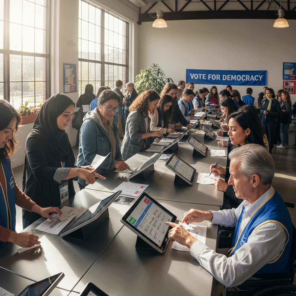 Diverse group of voters casting ballots at polling station during local election