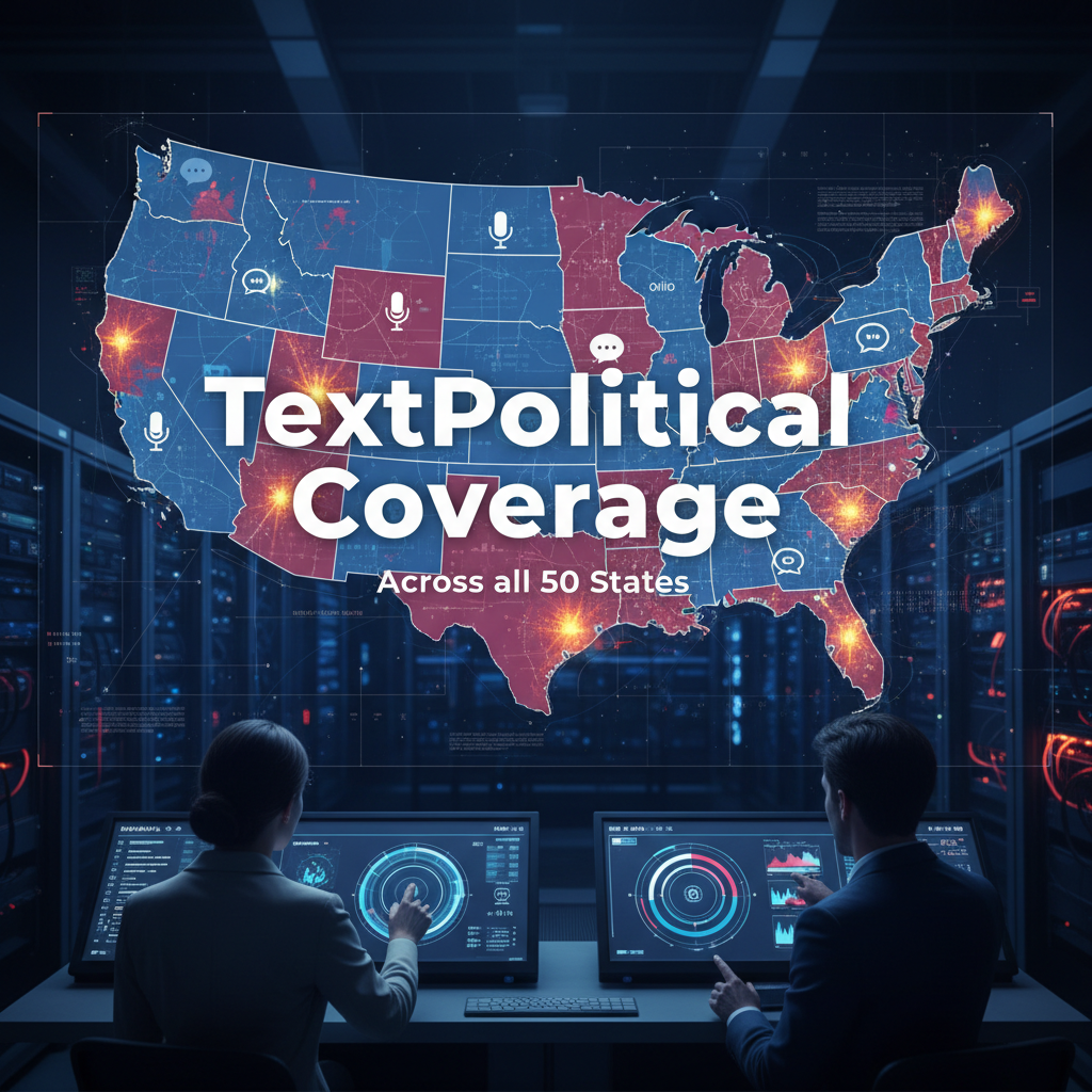 Interactive map of United States showing TextPolitical coverage across all 50 states with highlighted regions indicating active political campaigns